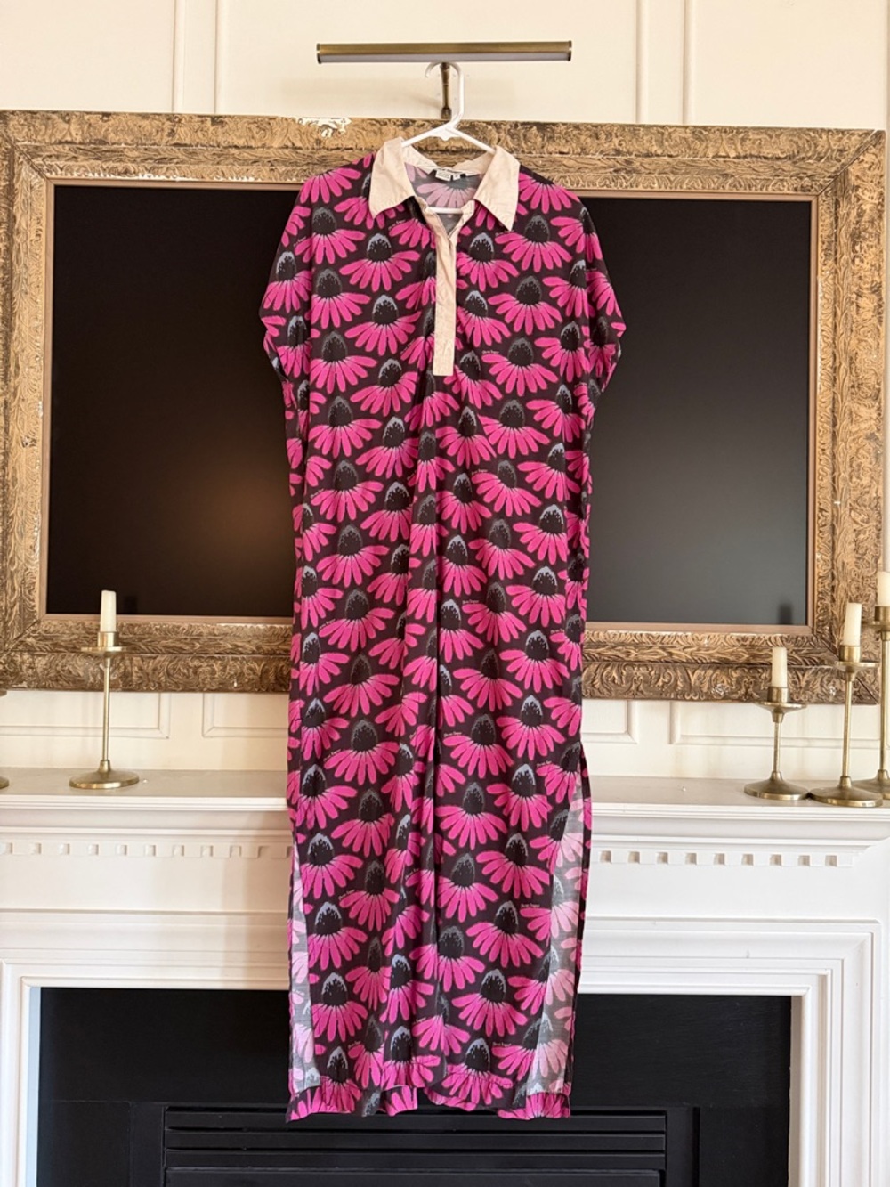 Pink Floral Maxi Dress with Contrast Collar